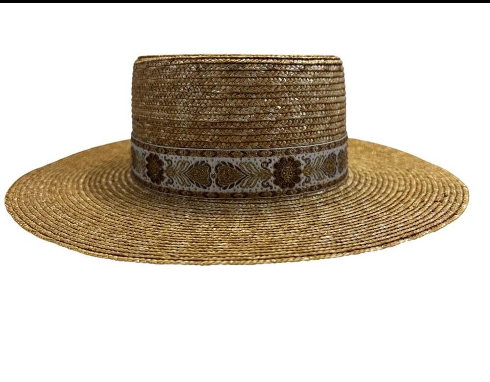 Lack of Color Straw Boater Hat with Embroidered Trim Size Medium 57cm